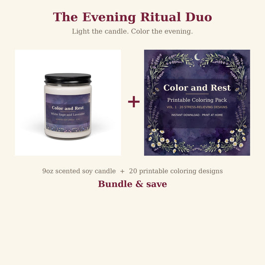 Color and Rest Evening Ritual Duo — Scented Candle + Printable Coloring Pack