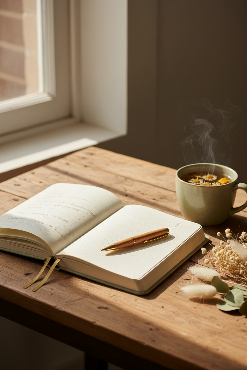 Wellness journal open on a cozy desk with herbal tea and dried flowers, soft natural light
