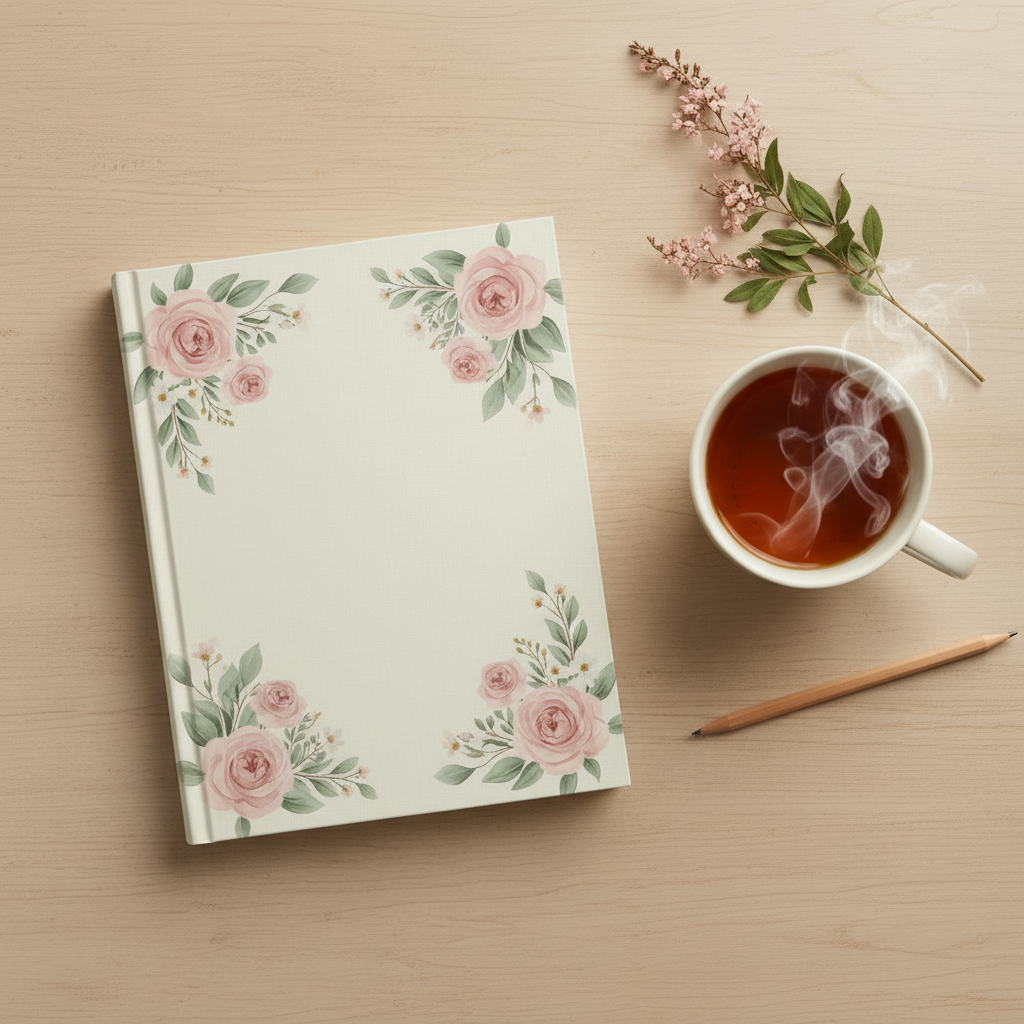 Color and Rest Wellness Journal on a cozy wooden desk with a cup of tea and dried flowers