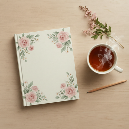 Color and Rest Wellness Journal on a cozy wooden desk with a cup of tea and dried flowers