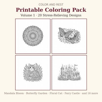 Color and Rest Printable Coloring Pack Vol 1 cover - Mandala Bloom, Butterfly Garden, Floral Cat, Fairy Castle