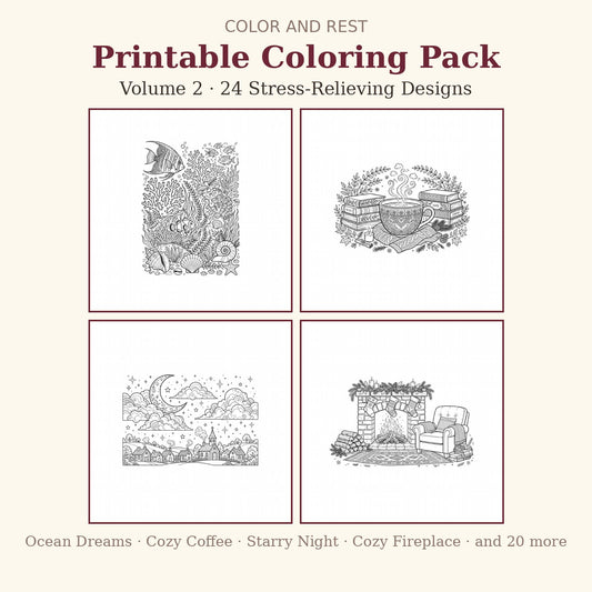 Color and Rest Printable Coloring Pack Vol 2 cover - Ocean Dreams, Cozy Coffee, Starry Night, Cozy Fireplace
