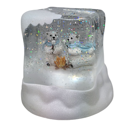 Lighted Swirl Polar Bears Cube Snowglobe
