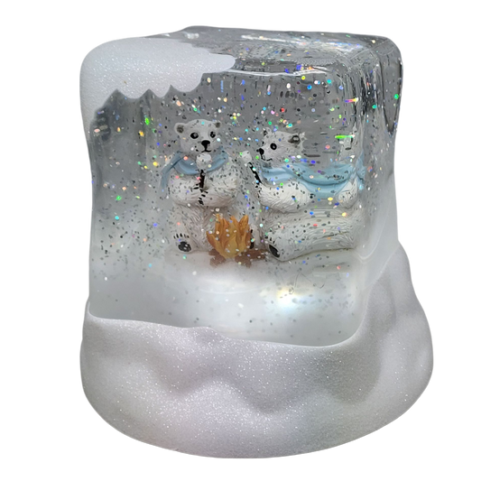 Lighted Swirl Polar Bears Cube Snowglobe